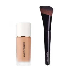 Laura Mercier Real Flawless Weightless Perfecting Waterproof Liquid Foundation: Medium-Buildable Coverage, 12 HR Fade-Proof Wear, Hydrating, Non-Comedogenic, 3C2 Toffee   Foundation Brush Bundle