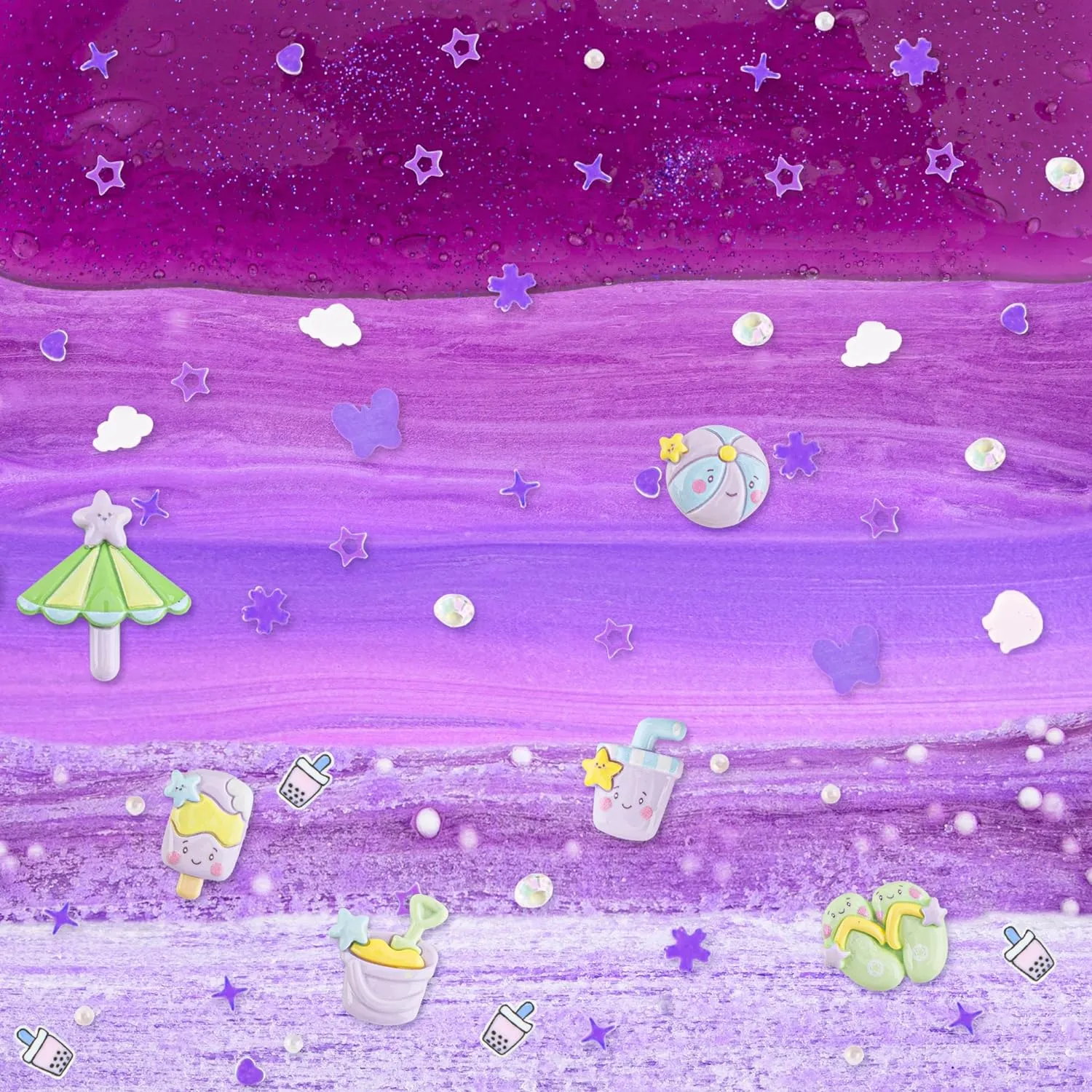 LAWOHO 6 Packs Gradient Purple Slime Kit - Cloud, Butter & Clear Slimes, Crunchy Slimes Kits for Kids with Beach Charms & Add-ins, Party Favors for Girls & Boys, 360ml Soft Non Stick Slime Making Kit