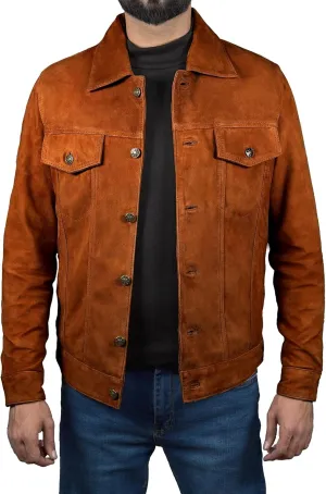 Leather Jacket Men - Slim Fit Cowboy Classic Trucker Jacket Men - Shirt Collar Style Real Lambskin Suede Men's Leather Jacket