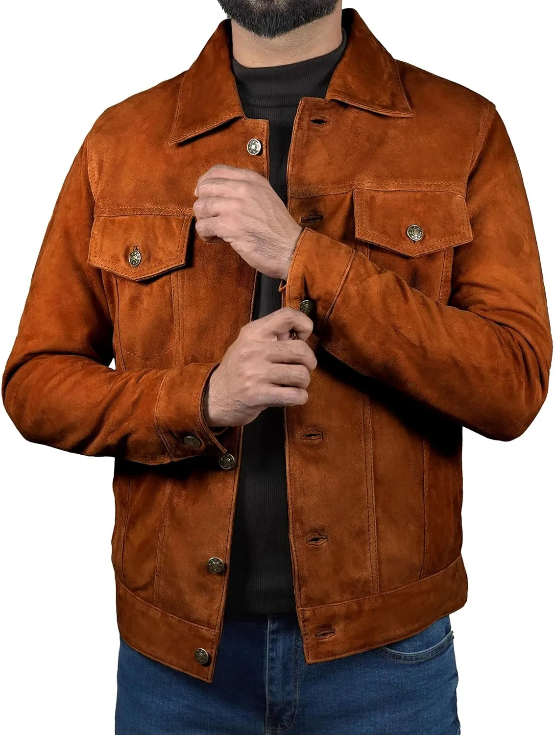 Leather Jacket Men - Slim Fit Cowboy Classic Trucker Jacket Men - Shirt Collar Style Real Lambskin Suede Men's Leather Jacket