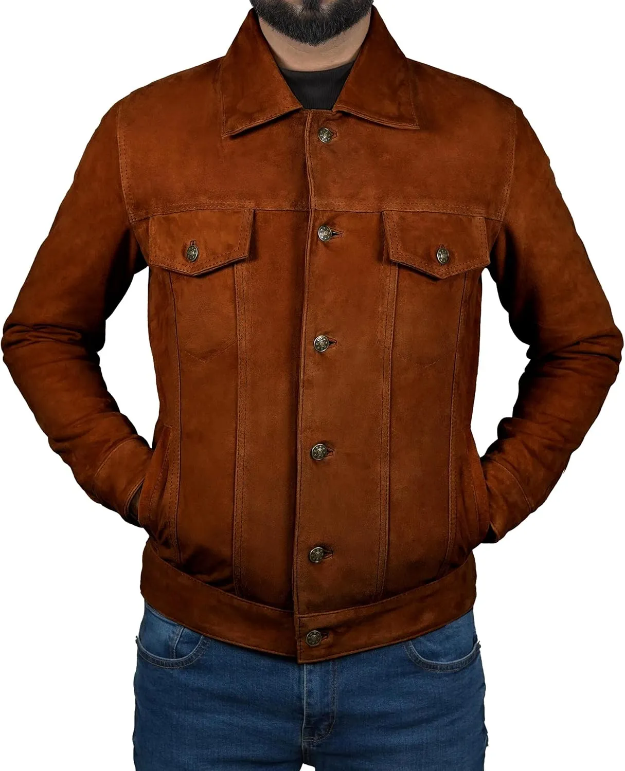Leather Jacket Men - Slim Fit Cowboy Classic Trucker Jacket Men - Shirt Collar Style Real Lambskin Suede Men's Leather Jacket