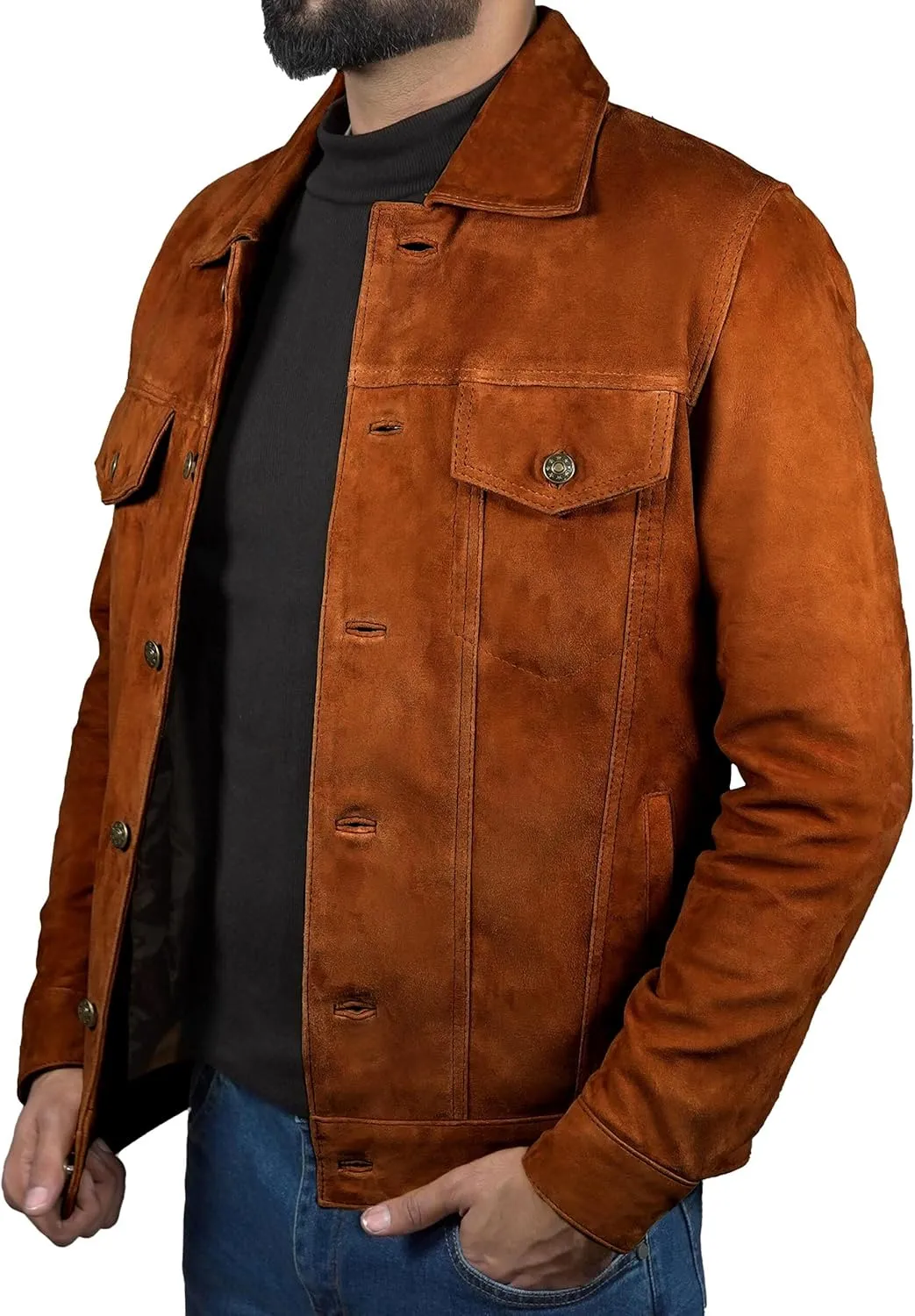 Leather Jacket Men - Slim Fit Cowboy Classic Trucker Jacket Men - Shirt Collar Style Real Lambskin Suede Men's Leather Jacket