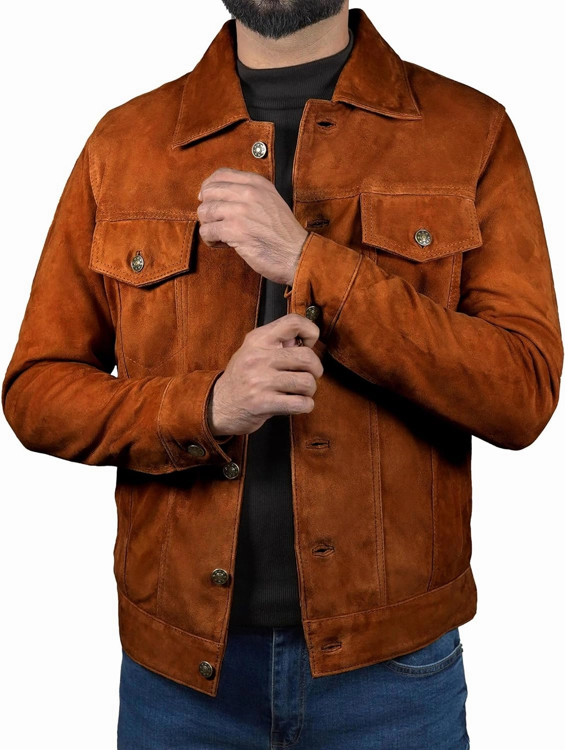 Leather Jacket Men - Slim Fit Cowboy Classic Trucker Jacket Men - Shirt Collar Style Real Lambskin Suede Men's Leather Jacket