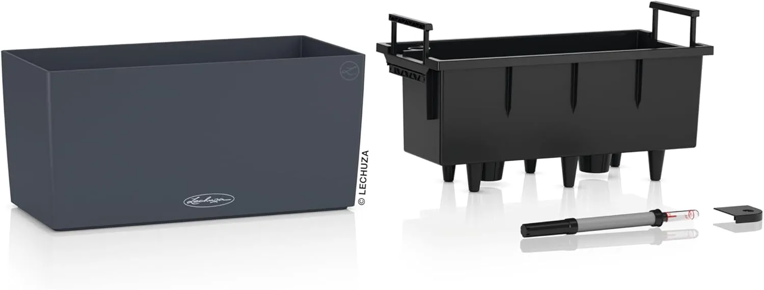 Lechuza - Balconera Colour 40 Planter, Slate Grey, Balcony Box with Watering System, Water Level Indicator and Plant Insert, Matte Surface, 40 x 19 x 19 cm, 15478