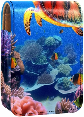 Lipstick Case,Leather Lip Gloss Lipstick Organizer with Mirror,Mini Lipstick Holder Bag,Fish Coral Ocean