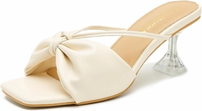 LIURUIJIA Women's Bow Strap Slip On Heeled Sandals Square Toe 2" Clear Heel Comfortable Heels Mules