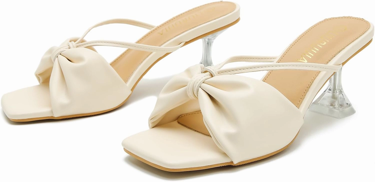 LIURUIJIA Women's Bow Strap Slip On Heeled Sandals Square Toe 2" Clear Heel Comfortable Heels Mules