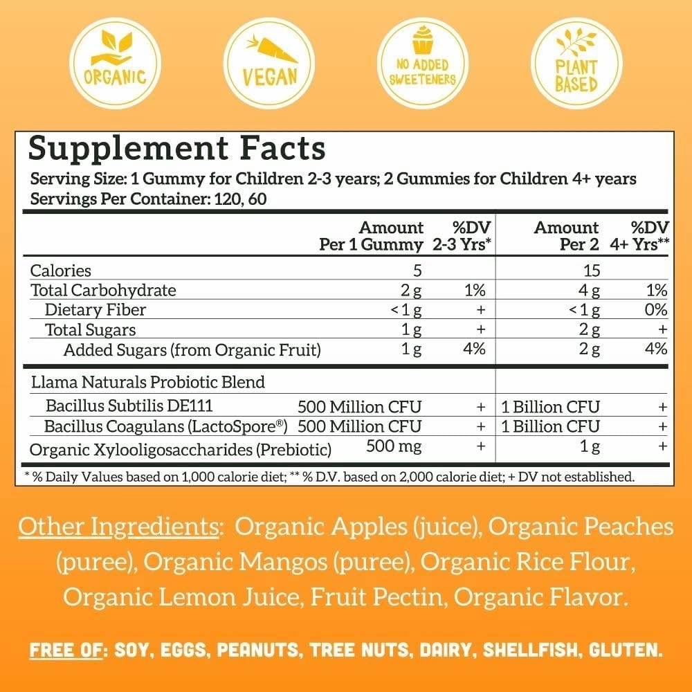 Llama Naturals Kids Probiotic with Prebiotic Fiber, Vegan, Organic Prebiotics and Probiotics Gummies for Gut Health Support, Toddler Real Fruit Gummy Vitamins, No Added Sugar Cane, Peach Mango, 120 Ct