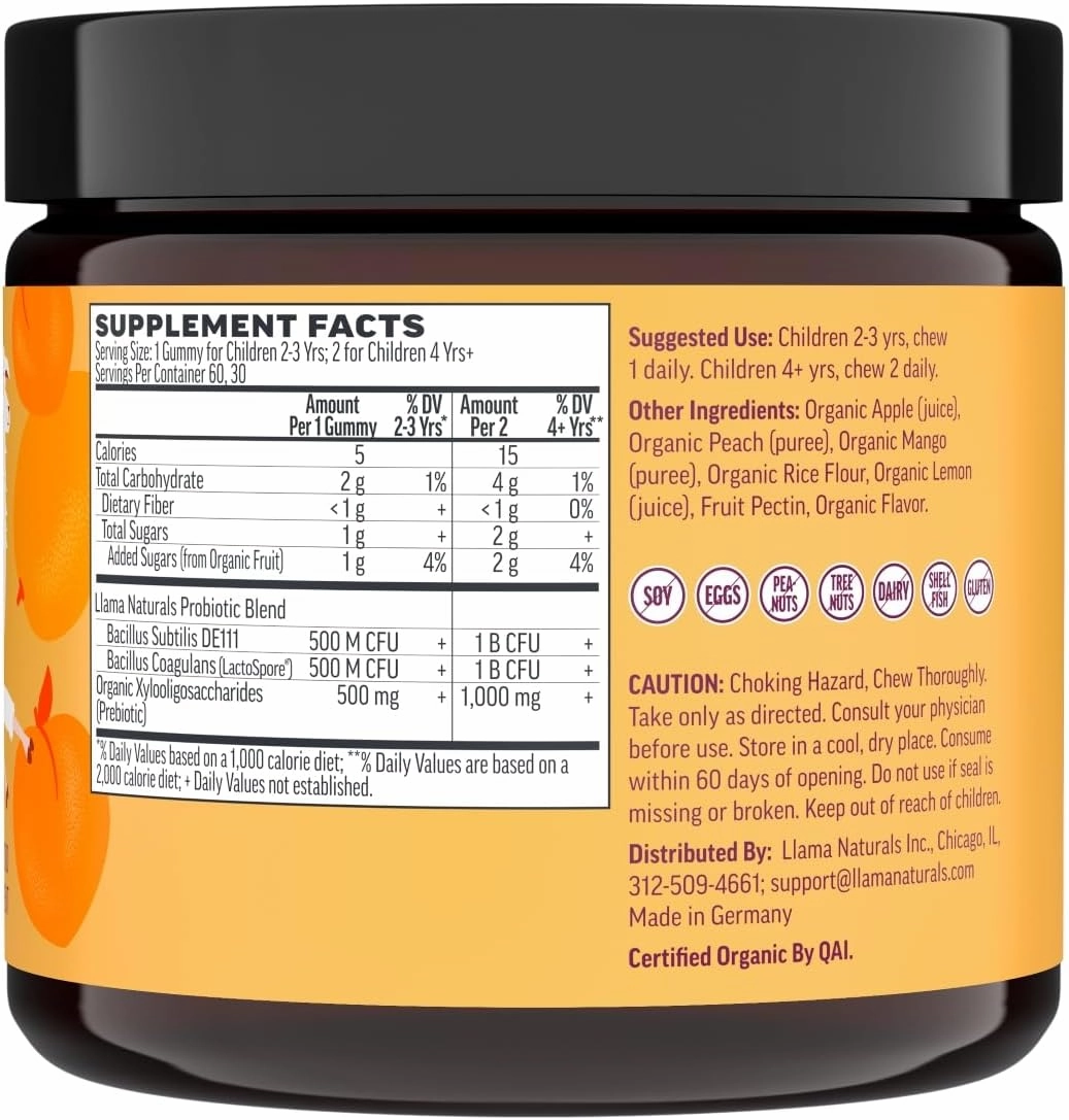 Llama Naturals Kids Probiotic with Prebiotic Fiber, Vegan, Organic Prebiotics and Probiotics Gummies for Gut Health Support, Toddler Real Fruit Gummy Vitamins, No Added Sugar Cane, Peach Mango, 60 Ct