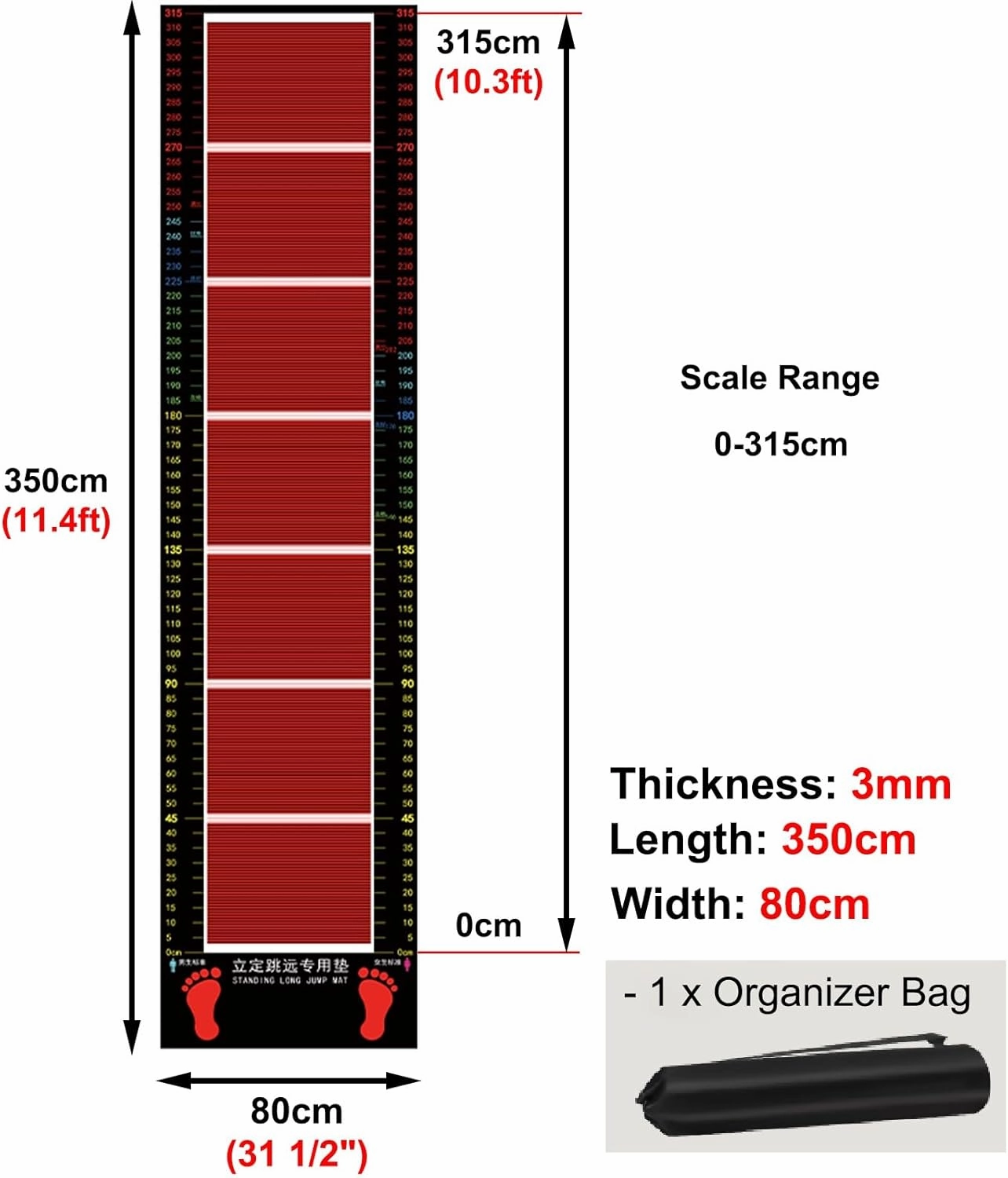 Long Jump Mat Soft Rubber Physical Training Board, Shock Absorbing Jump Rope Mat, Kids/Adults Standing Long Jump Exercise Pad for Stretching Exercises(Color:Adults (350 x 80 cm))