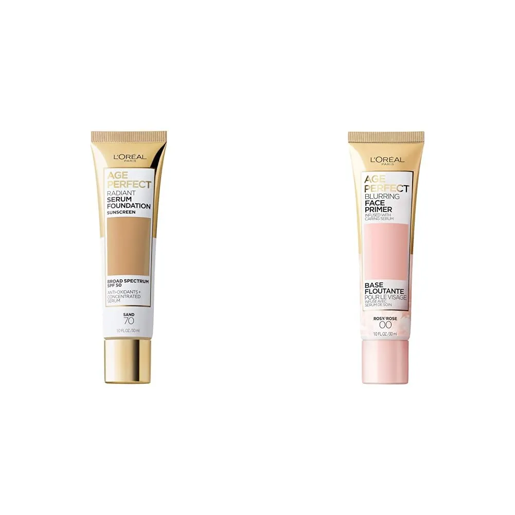 L’Oréal ParisBundle of Age Perfect Radiant Serum Foundation with SPF 50, Sand, 1 Ounce   Age Perfect Face Blurring Primer Infused with Caring Serum Smoothes Liners and Pores