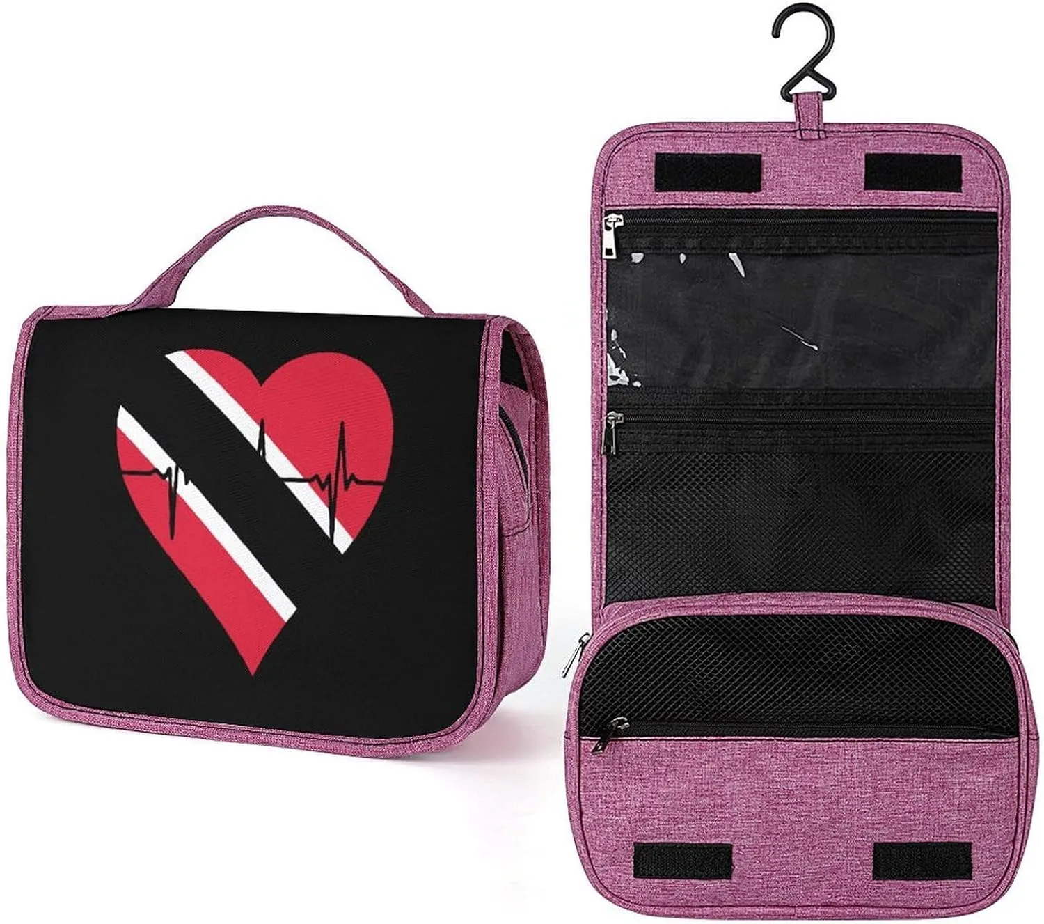 Love Trinidad and Tobago Heartbeat Makeup Bag Travel Toiletry Bag Waterproof Cosmetic Bag with Portable Hook Handbag