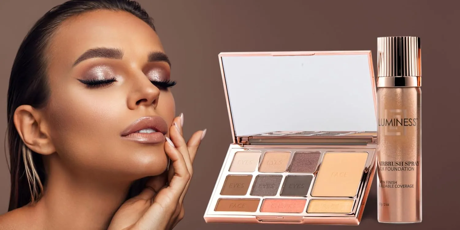 LUMINESS Face Time All In One Makeup Kit - Includes Face Palette, Airbrush Foundation, and Makeup Brush - Long-Wearing, Silky, Soft, Easy to Blend, 3-PC Make Up Set (03 - Light Medium)