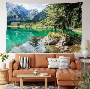 Lunarable Rustic Tapestry King Size, Alpine Lake Laghi di Fusine Forest Rocks Mountain Landscape, Wall Hanging Bedspread Bed Cover Wall Decor, King Size, Jade Green Pale Blue