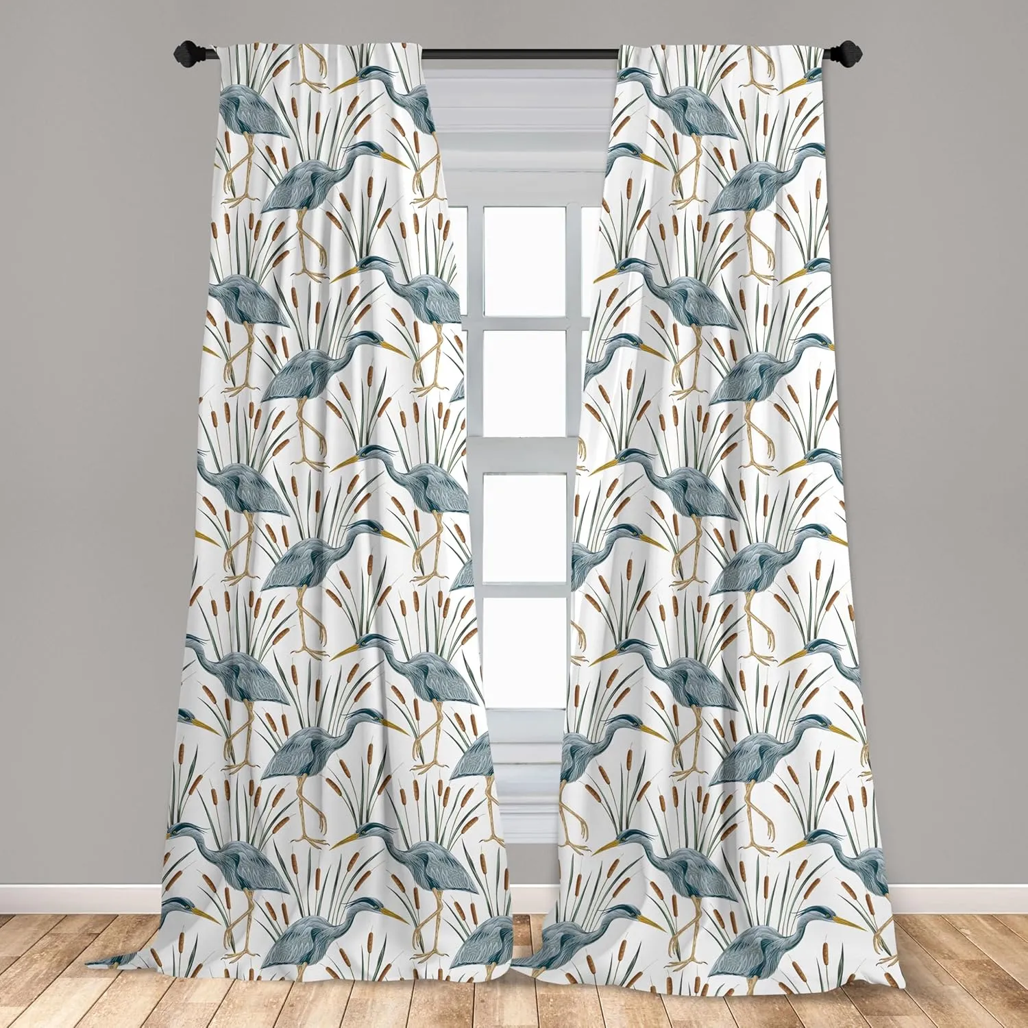 Lunarable Swamp Curtains, Blue Grey Heron Birds and Bulrush Water Foliage Growth Wilderness Tropical Lands, Window Treatments 2 Panel Set for Living Room Bedroom, Pair of - 28" x 63", Bluegrey Caramel