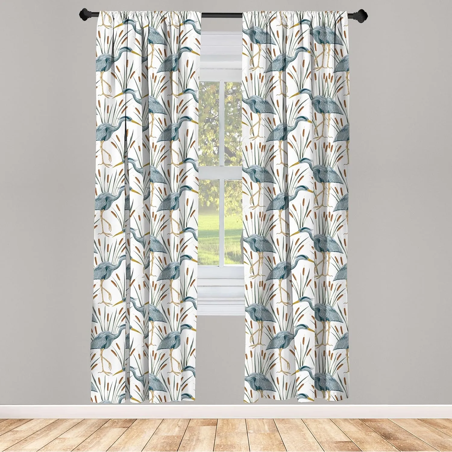 Lunarable Swamp Curtains, Blue Grey Heron Birds and Bulrush Water Foliage Growth Wilderness Tropical Lands, Window Treatments 2 Panel Set for Living Room Bedroom, Pair of - 28" x 63", Bluegrey Caramel
