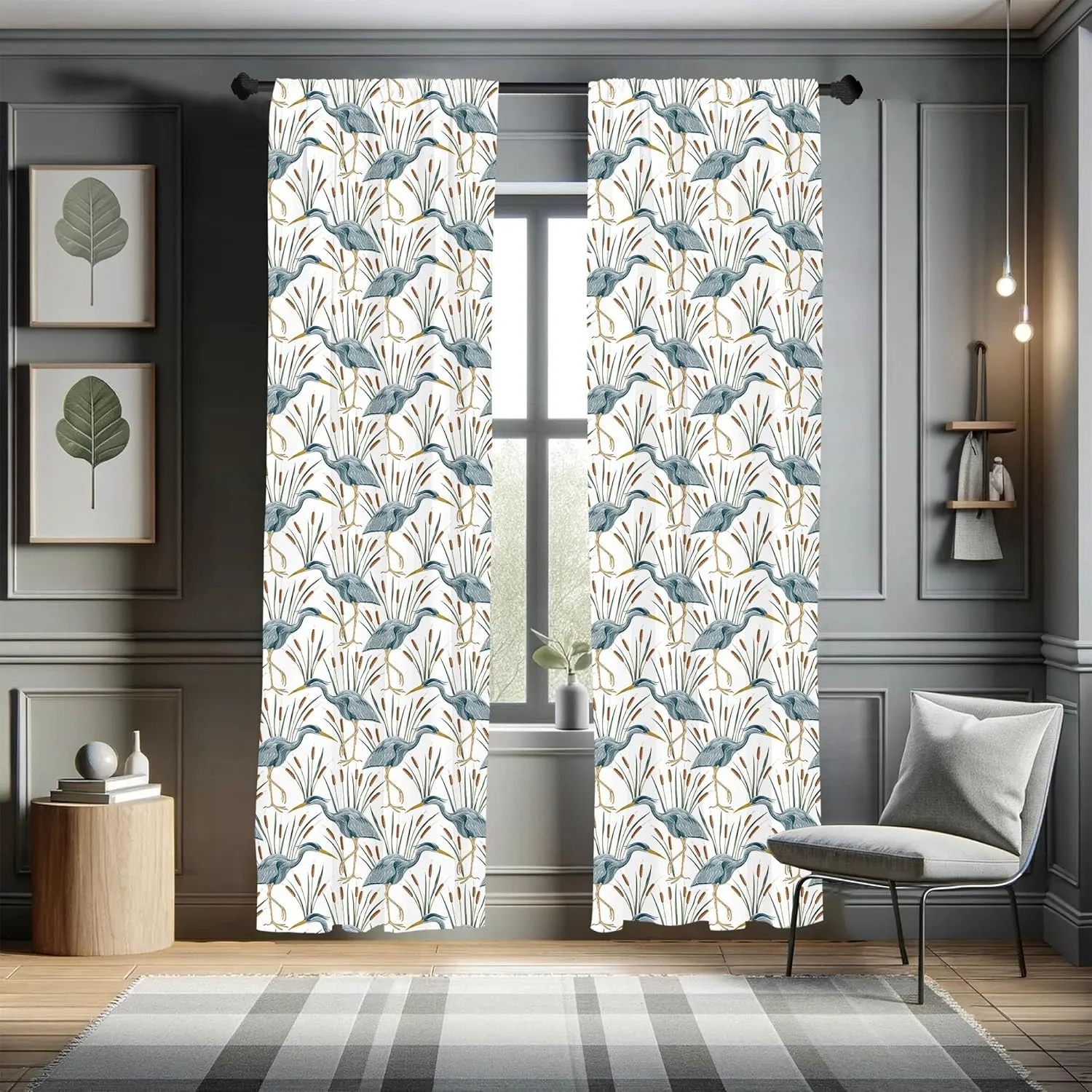 Lunarable Swamp Curtains, Blue Grey Heron Birds and Bulrush Water Foliage Growth Wilderness Tropical Lands, Window Treatments 2 Panel Set for Living Room Bedroom, Pair of - 28" x 63", Bluegrey Caramel