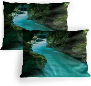 Lunarable Waterfall Pillow Sham Set of 2, Tolminka Alpine River Water and Caves Exotic Nature Travel Picture, Quality Microfiber Bedding Item for All Seasons, 26" x 20", Turquoise Dark Green