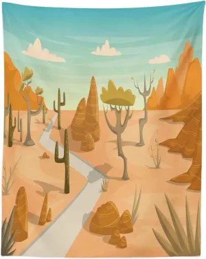 Lunarable Wilderness Tapestry Twin Size, Desert Cactus Mountain Trees Cartoon Style Arizona Landscape, Wall Hanging Bedspread Bed Cover Wall Decor, 68" X 88", Marigold Peach