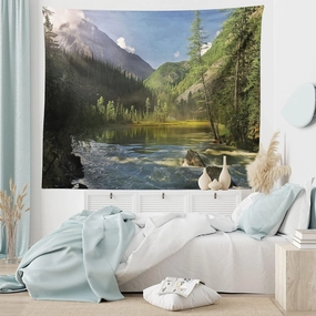 Lunarable Landscape Tapestry King Size, Mountain Lake West Siberia Altai Mountains Katun Ridge Alpine Forest Morning View, Wall Hanging Bedspread Bed Cover Wall Decor, King Size, Green Blue