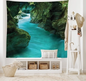 Lunarable Waterfall Tapestry King Size, Tolminka Alpine River Water and Caves Exotic Nature Travel Picture, Wall Hanging Bedspread Bed Cover Wall Decor, King Size, Turquoise Dark Green