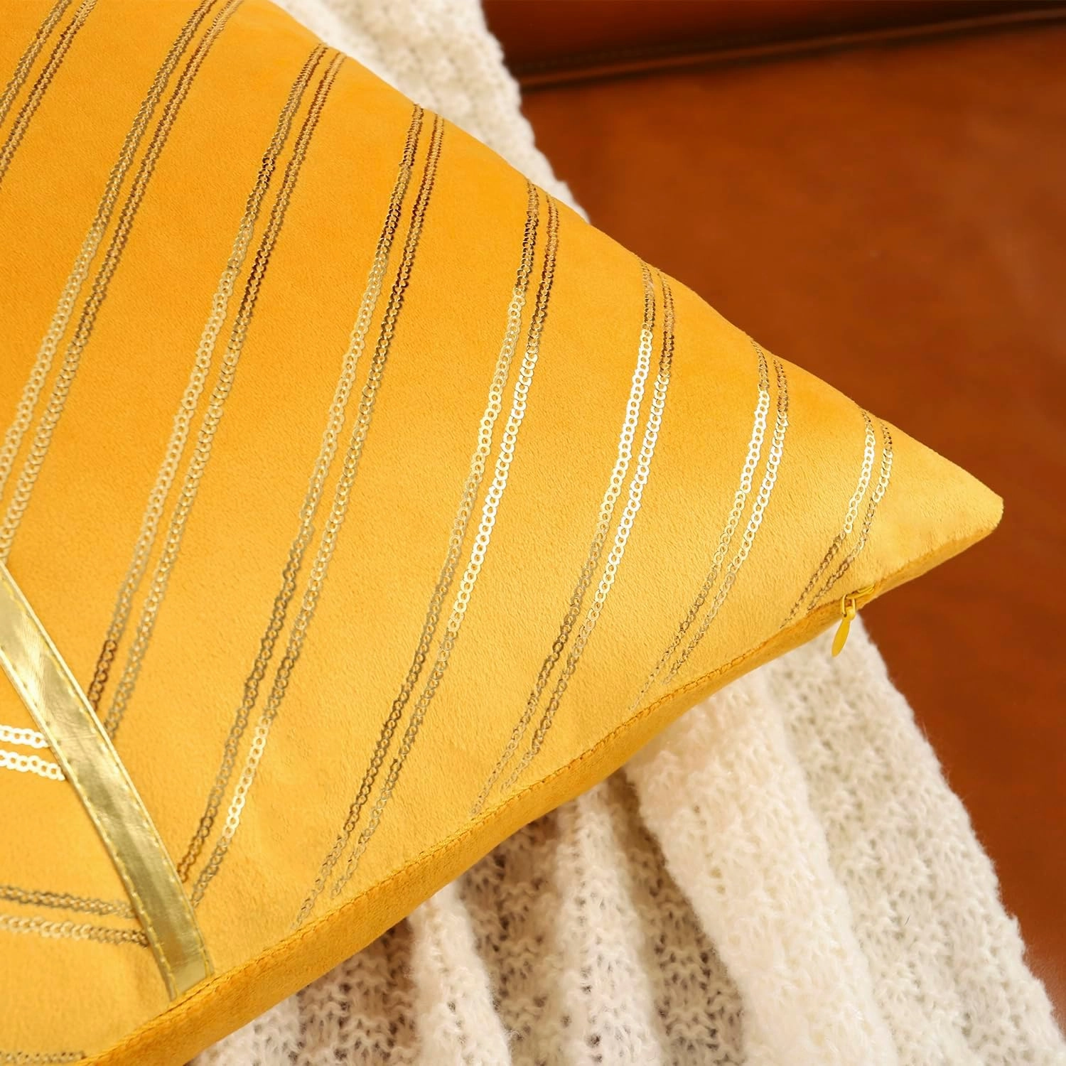 LUOYEHK Yellow Velvet Throw Pillow Covers 18x18 Set of 2 with Gold Leather and Sequin Decorative Cushion Covers Luxury Modern Pillowcases for Couch Sofa Bed Living Room