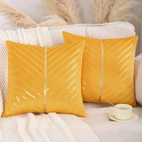 LUOYEHK Yellow Velvet Throw Pillow Covers 18x18 Set of 2 with Gold Leather and Sequin Decorative Cushion Covers Luxury Modern Pillowcases for Couch Sofa Bed Living Room