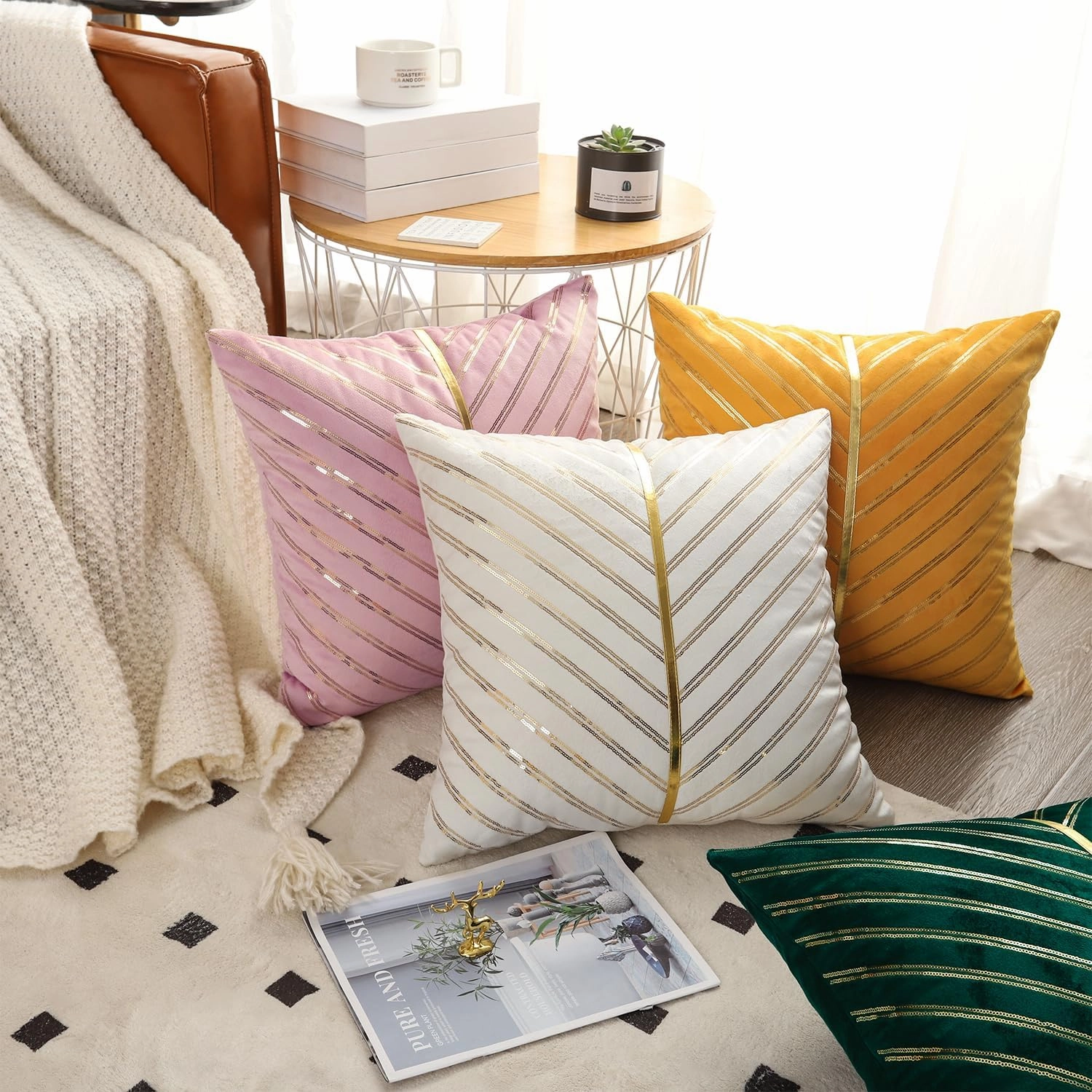 LUOYEHK Yellow Velvet Throw Pillow Covers 18x18 Set of 2 with Gold Leather and Sequin Decorative Cushion Covers Luxury Modern Pillowcases for Couch Sofa Bed Living Room