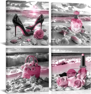 LyerArtork 4 Pieces Pink Makeup Room Canvas Wall Art Fashion Perfume High Heels Lipstick Beach Flower Picture Beauty Salon Woman Wall Decor Print Artworks for Bedroom Girls Room 12x12inchx4