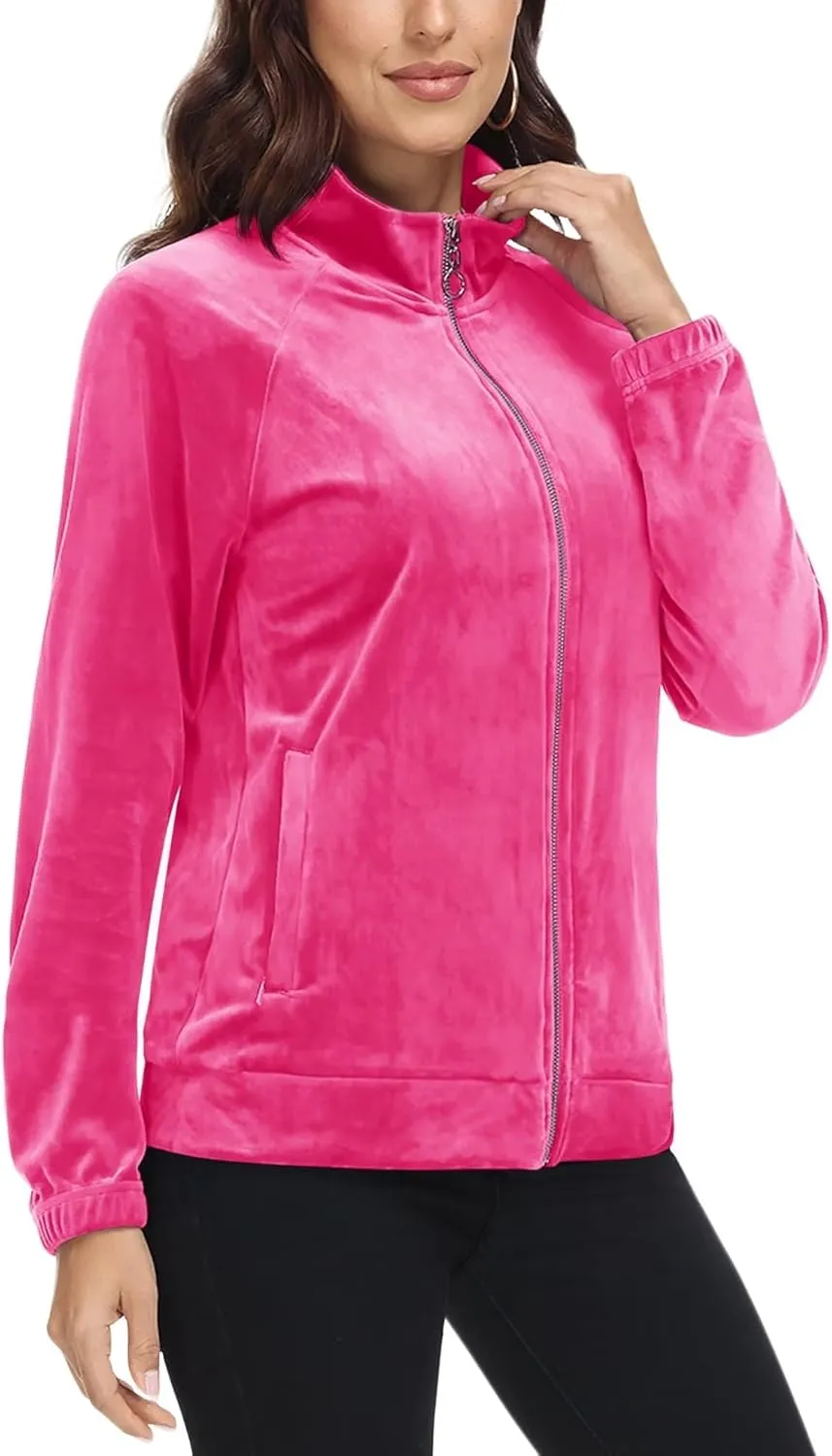 MAGCOMSEN Women's Velour Jackets Full Zip-up Fleece Jacket 2 Zipper Pockets Lightweight Soft Casual Winter Warm Coat