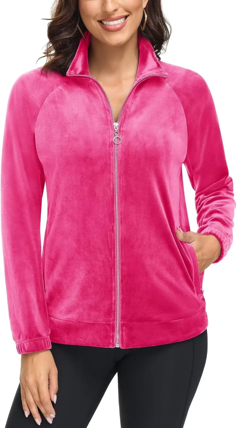 MAGCOMSEN Women's Velour Jackets Full Zip-up Fleece Jacket 2 Zipper Pockets Lightweight Soft Casual Winter Warm Coat