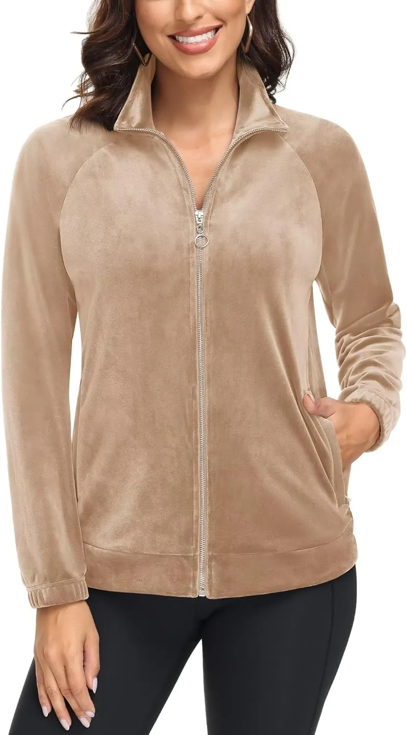 MAGCOMSEN Women's Velour Jackets Full Zip-up Fleece Jacket 2 Zipper Pockets Lightweight Soft Casual Winter Warm Coat