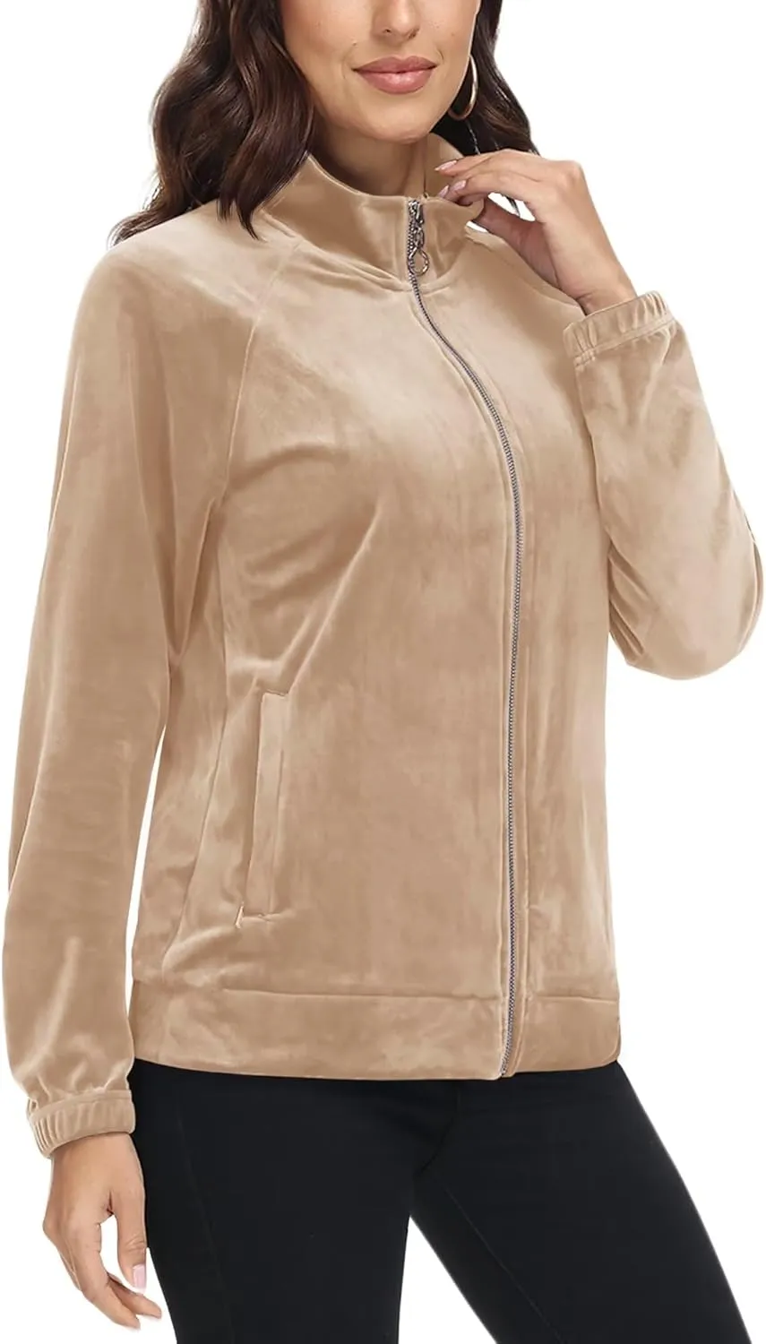 MAGCOMSEN Women's Velour Jackets Full Zip-up Fleece Jacket 2 Zipper Pockets Lightweight Soft Casual Winter Warm Coat