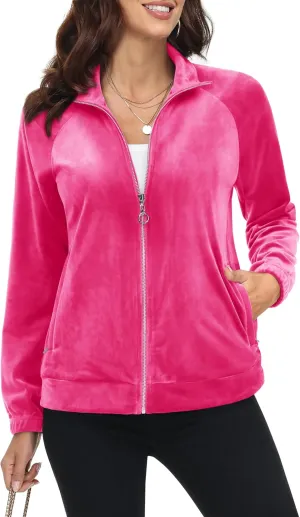 MAGCOMSEN Women's Velour Jackets Full Zip-up Fleece Jacket 2 Zipper Pockets Lightweight Soft Casual Winter Warm Coat