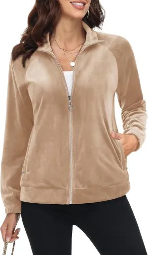MAGCOMSEN Women's Velour Jackets Full Zip-up Fleece Jacket 2 Zipper Pockets Lightweight Soft Casual Winter Warm Coat