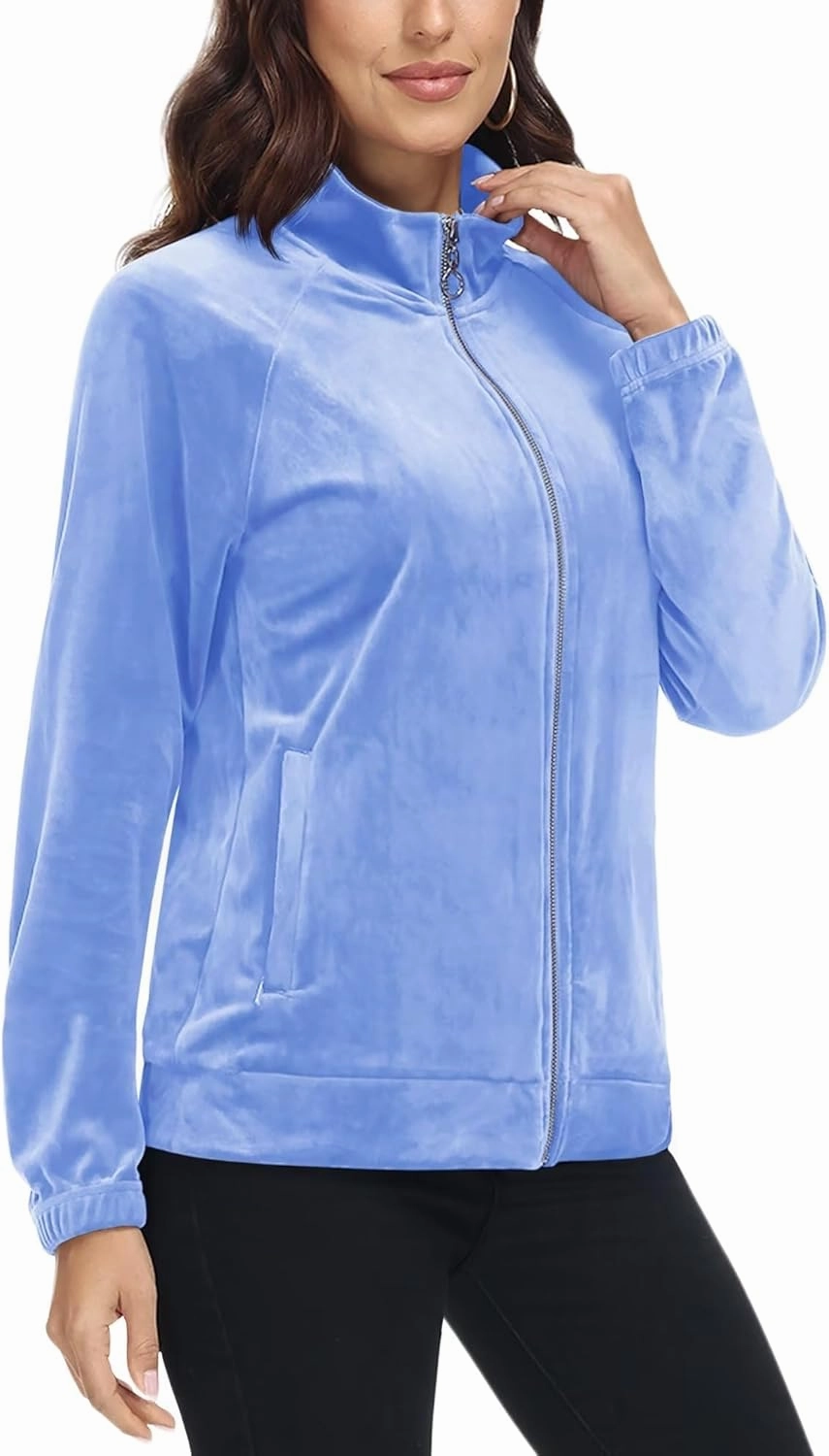 MAGCOMSEN Women's Velour Jackets Full Zip-up Fleece Jacket 2 Zipper Pockets Lightweight Soft Casual Winter Warm Coat
