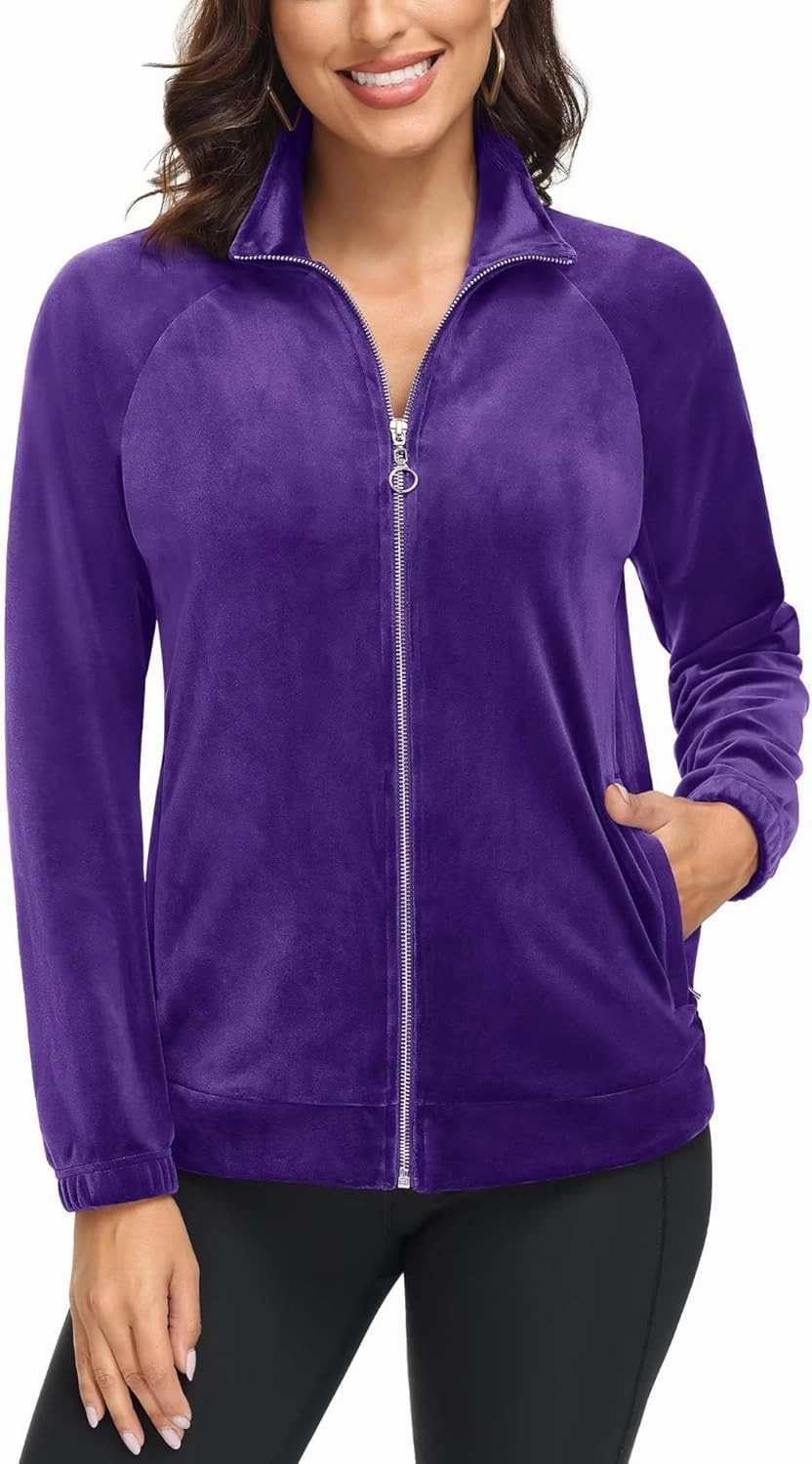 MAGCOMSEN Women's Velour Jackets Full Zip-up Fleece Jacket 2 Zipper Pockets Lightweight Soft Casual Winter Warm Coat