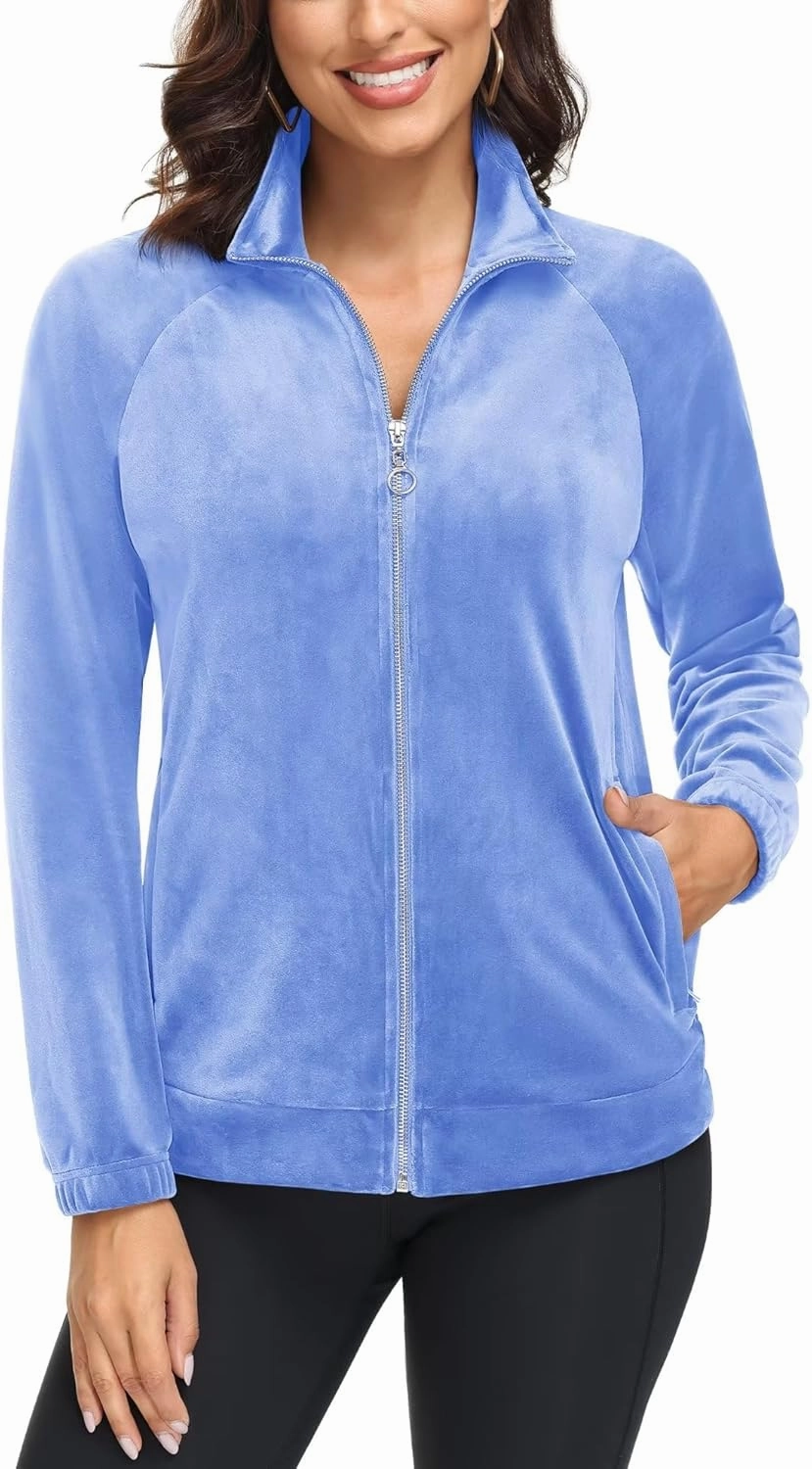 MAGCOMSEN Women's Velour Jackets Full Zip-up Fleece Jacket 2 Zipper Pockets Lightweight Soft Casual Winter Warm Coat