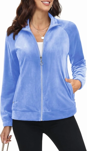 MAGCOMSEN Women's Velour Jackets Full Zip-up Fleece Jacket 2 Zipper Pockets Lightweight Soft Casual Winter Warm Coat