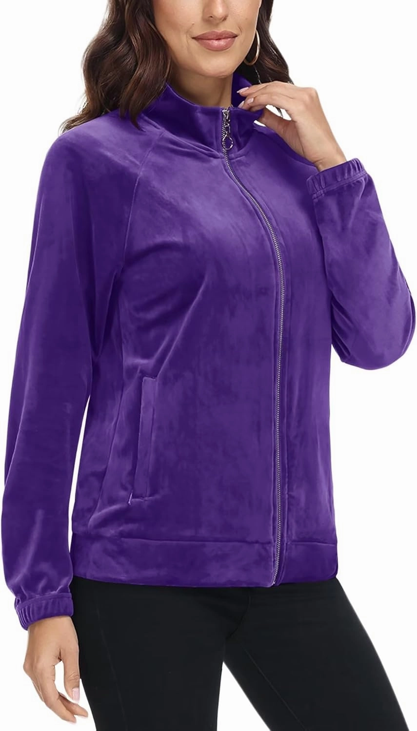 MAGCOMSEN Women's Velour Jackets Full Zip-up Fleece Jacket 2 Zipper Pockets Lightweight Soft Casual Winter Warm Coat