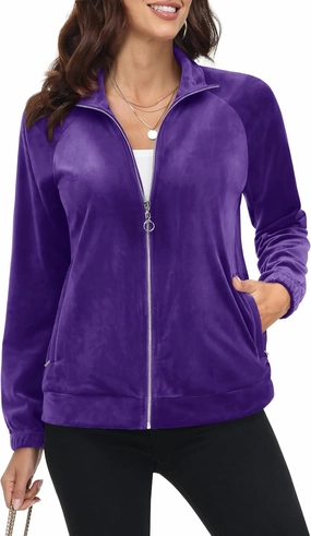 MAGCOMSEN Women's Velour Jackets Full Zip-up Fleece Jacket 2 Zipper Pockets Lightweight Soft Casual Winter Warm Coat