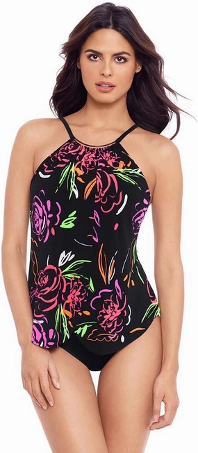 MagicSuit Women's Swimwear Neon Nature Jill High Neckline Soft Cup One Piece Swimsuit, Black/Multi, 12