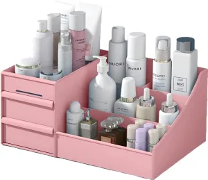 Makeup Desk Organizer with Drawers - Countertop Organizer for Cosmetics, Vanity Holder for Lipstick, Brushes, Lotions, Eyeshadow, Nail Polish and Jewelry (Pink)