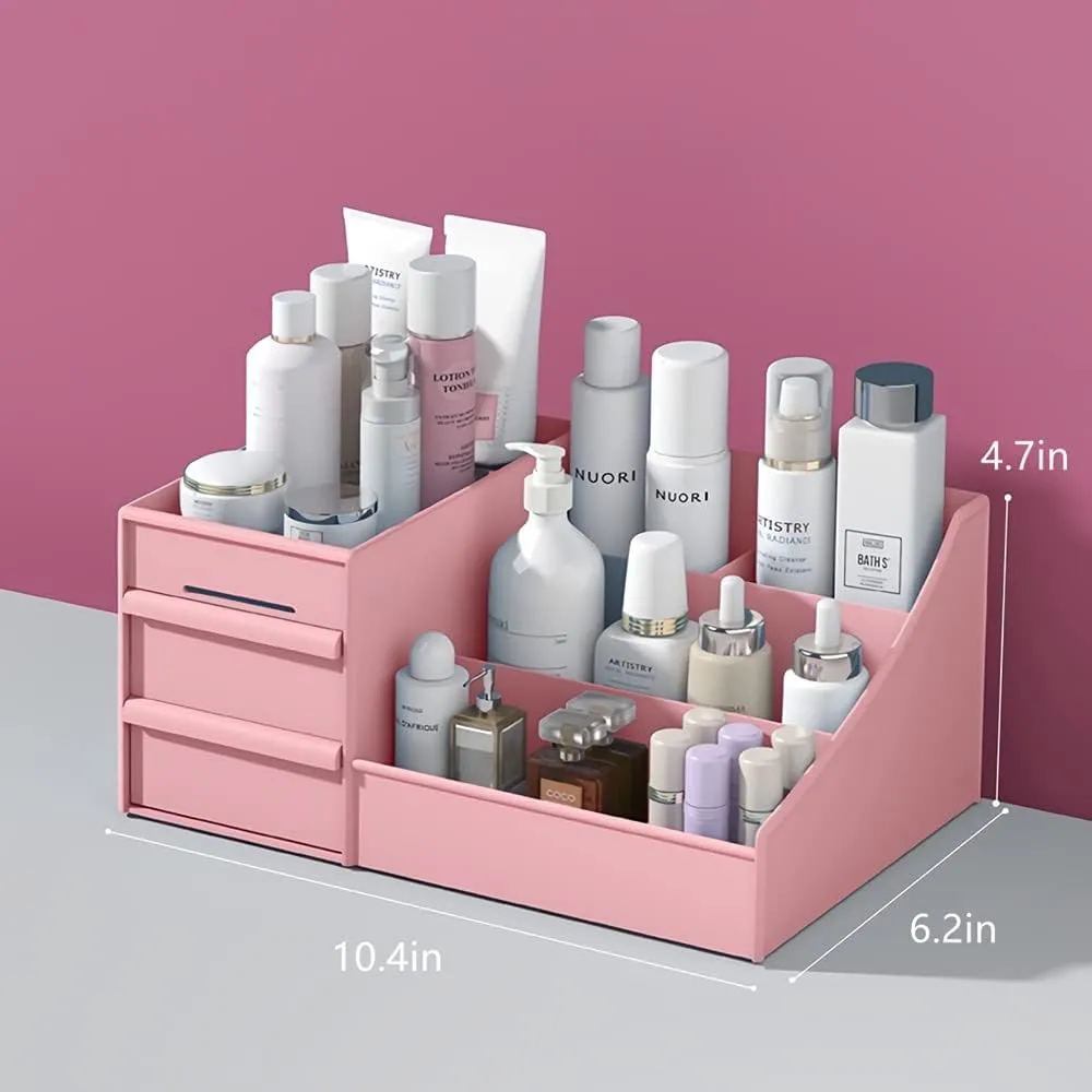 Makeup Desk Organizer with Drawers - Countertop Organizer for Cosmetics, Vanity Holder for Lipstick, Brushes, Lotions, Eyeshadow, Nail Polish and Jewelry (Pink)