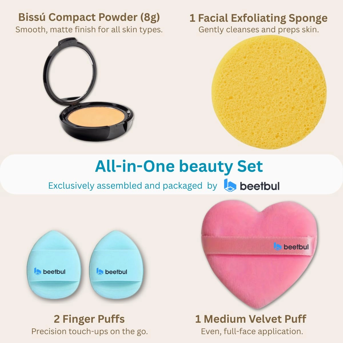 Makeup & Exfoliation Kit - Bissú Compact Powder   1 Medium Velvet Puff   2 Finger Puffs   1 Facial Exfoliating Sponge (05 Pebble, One Size)