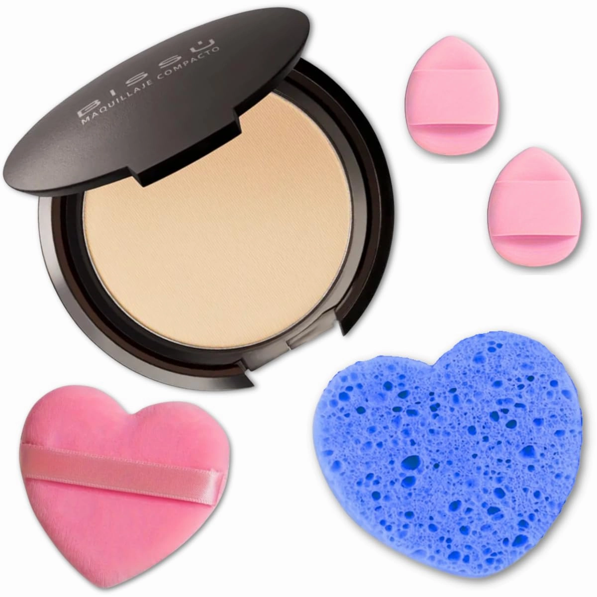 Makeup & Exfoliation Kit - Bissú Compact Powder   1 Medium Velvet Puff   2 Finger Puffs   1 Facial Exfoliating Sponge (05 Pebble, One Size)