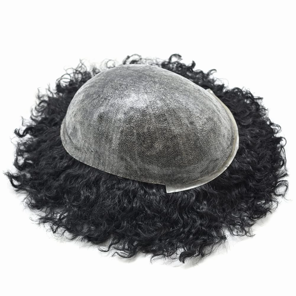 Man Weave Hair Black Men Curly Brazilian Hair Afro Toupee American African Mens Wig Full Poly Men Wave Hair Piece (#1 Jet Black, 6MM Wave)