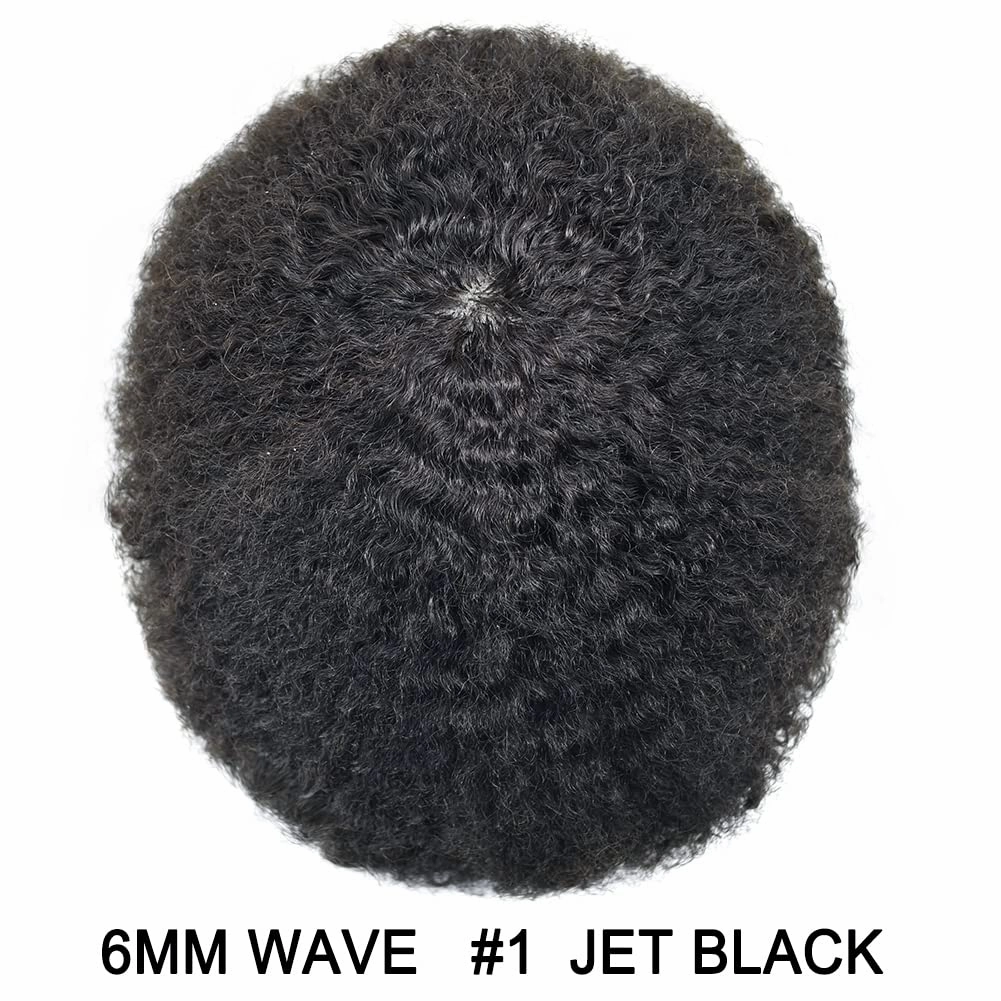Man Weave Hair Black Men Curly Brazilian Hair Afro Toupee American African Mens Wig Full Poly Men Wave Hair Piece (#1 Jet Black, 6MM Wave)