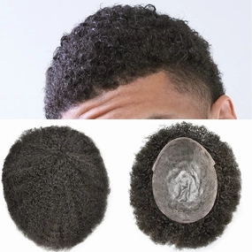 Man Weave Hair Black Men Curly Brazilian Hair Afro Toupee American African Mens Wig Full Poly Men Wave Hair Piece (#1 Jet Black, 6MM Wave)