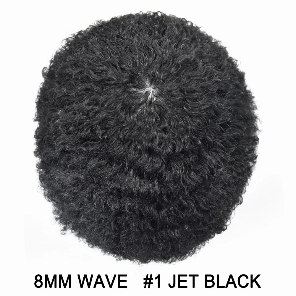 Man Weave Hair Black Men Curly Brazilian Hair Afro Toupee American African Mens Wig Full Poly Men Wave Hair Piece (#1 Jet Black, 8MM Weave)